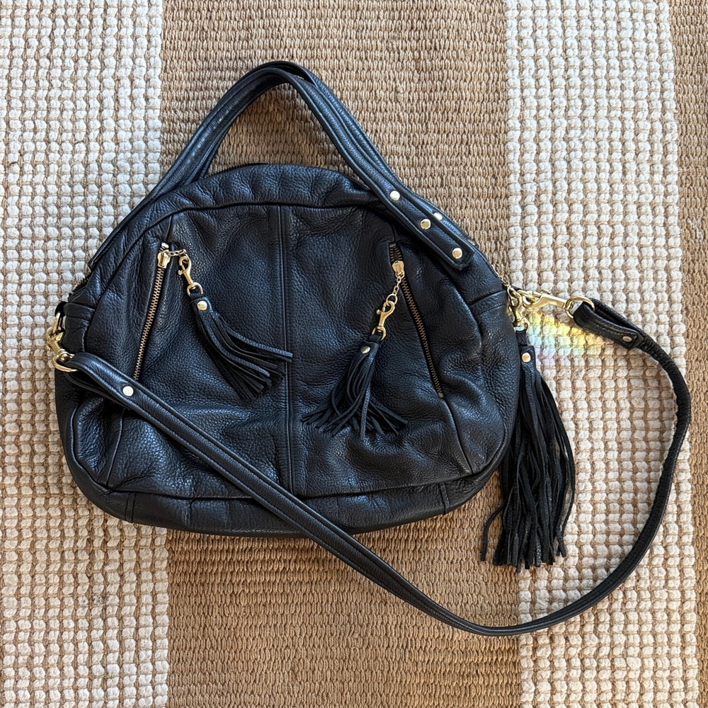 Black Leather Tassel Handle & Crossbody Bag